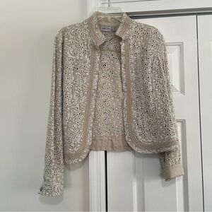 Chico's Linen Blend Cardigan Style Jacket Tan White Size 1 or Med Sz 8